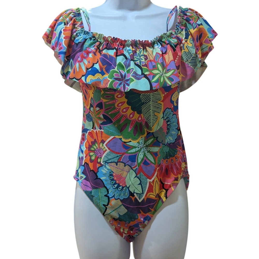 Bleu Rod Beattie Make It Pop Floral Ruffle One Piece Swimsuit Multi Color Size 8